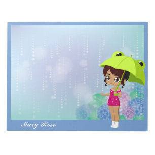 Girl With Frog Umbrella & Hydrangea Flowers Blue Notepad
