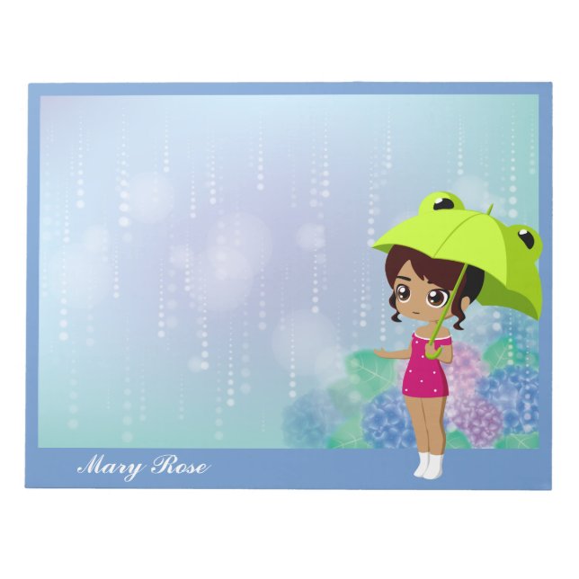 Girl With Frog Umbrella & Hydrangea Flowers Blue Notepad (Front)