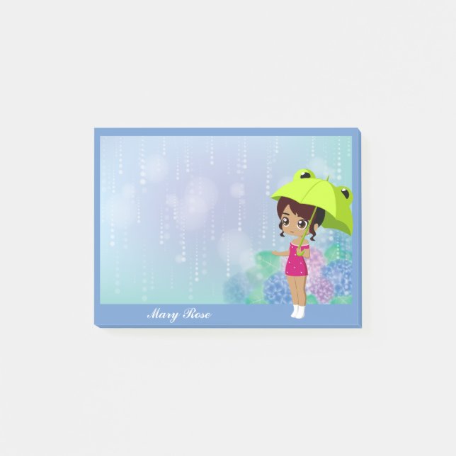 Girl With Frog Umbrella & Hydrangea Flowers Blue Post-it Notes (Front)