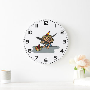 Girl with Gift and Party Hat Birthday Celebration Large Clock