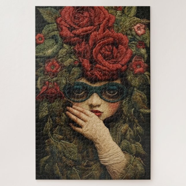 Girl with glasses and embroidered roses   jigsaw puzzle (Vertical)