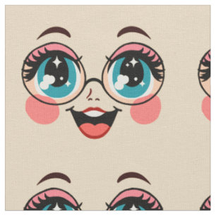 girl with glasses cartoon big eye doll face art  fabric