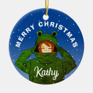 Girl with Green Frog Hoodie Drawing Christmas  Ceramic Tree Decoration