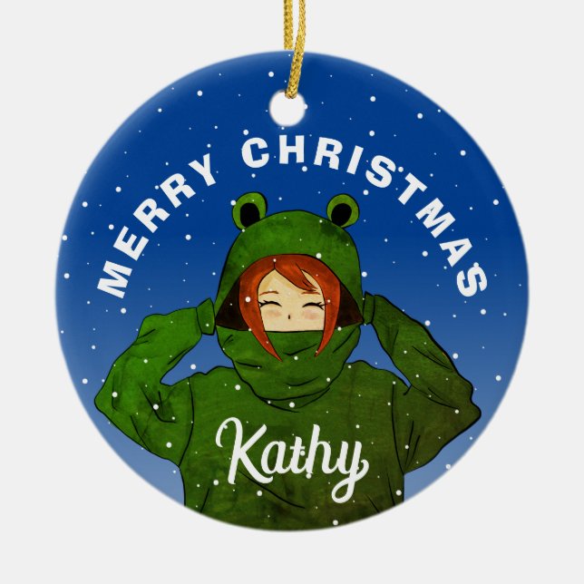 Girl with Green Frog Hoodie Drawing Christmas  Ceramic Tree Decoration (Front)