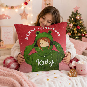 Girl with Green Frog Hoodie Drawing Christmas  Cushion