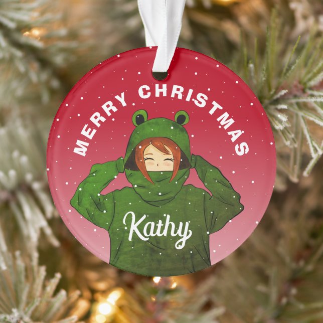 Girl with Green Frog Hoodie Drawing Christmas  Ornament (Tree)