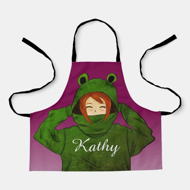 Girl with Green Frog Hoodie Drawing Custom Name Apron (Front)