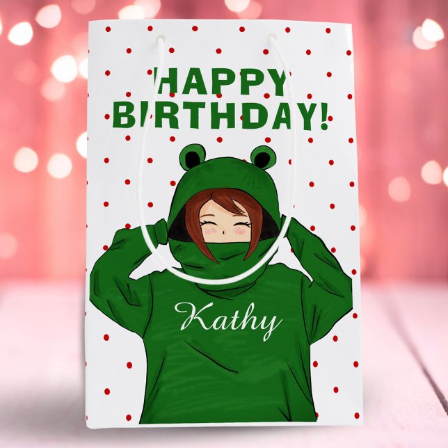 Girl with Green Frog Hoody Drawing Birthday Medium Gift Bag (Creator Uploaded)