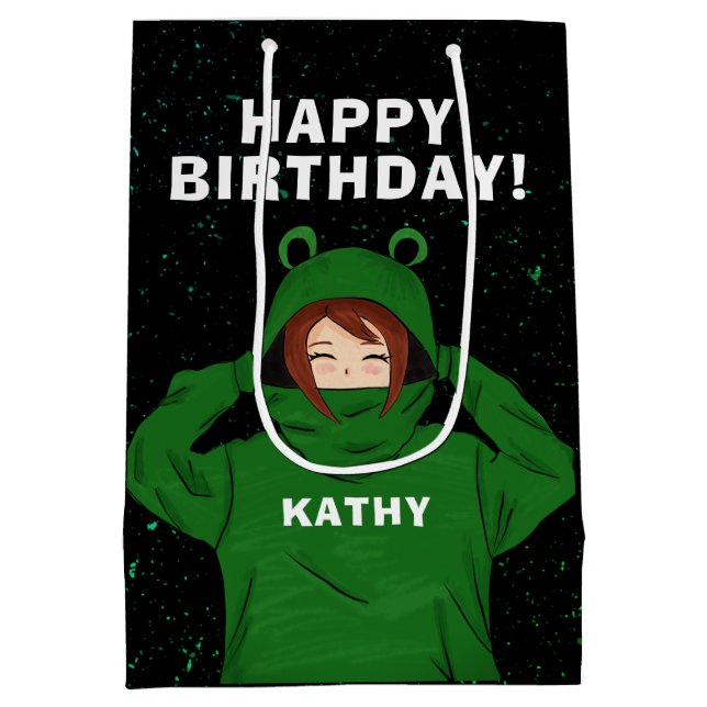 Girl with Green Frog Hoody Drawing Birthday Medium Gift Bag (Back)