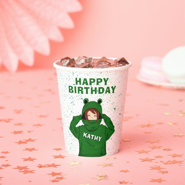 Girl with Green Frog Hoody Drawing Birthday Paper Cups (Insitu)