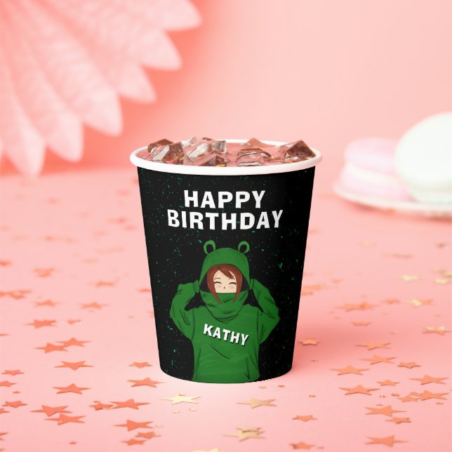 Girl with Green Frog Hoody Drawing Birthday  Paper Cups (Insitu)