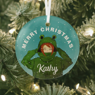 Girl with Green Frog Hoody Drawing Christmas  Glass Tree Decoration