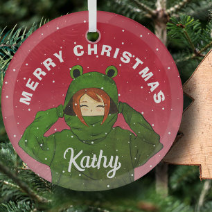 Girl with Green Frog Hoody Drawing Christmas  Glass Tree Decoration