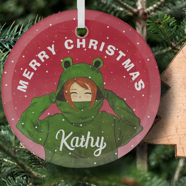 Girl with Green Frog Hoody Drawing Christmas  Glass Tree Decoration (Creator Uploaded)