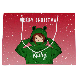 Girl with Green Frog Hoody Drawing Christmas  Large Gift Bag