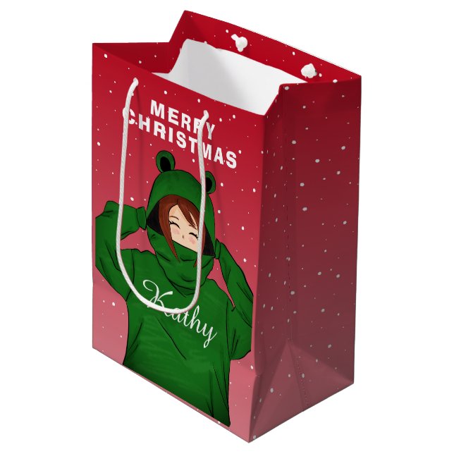 Girl with Green Frog Hoody Drawing Christmas Medium Gift Bag (Front Angled)