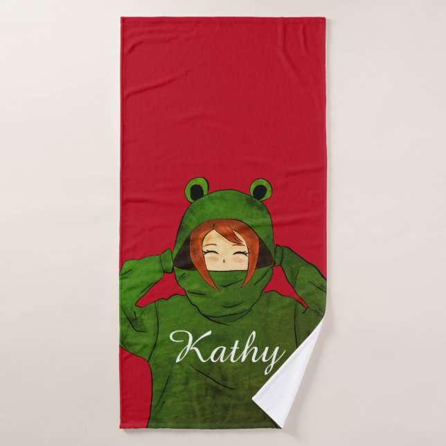 Girl with Green Frog Hoody Drawing Custom Name Bath Towel (Bath Towel)