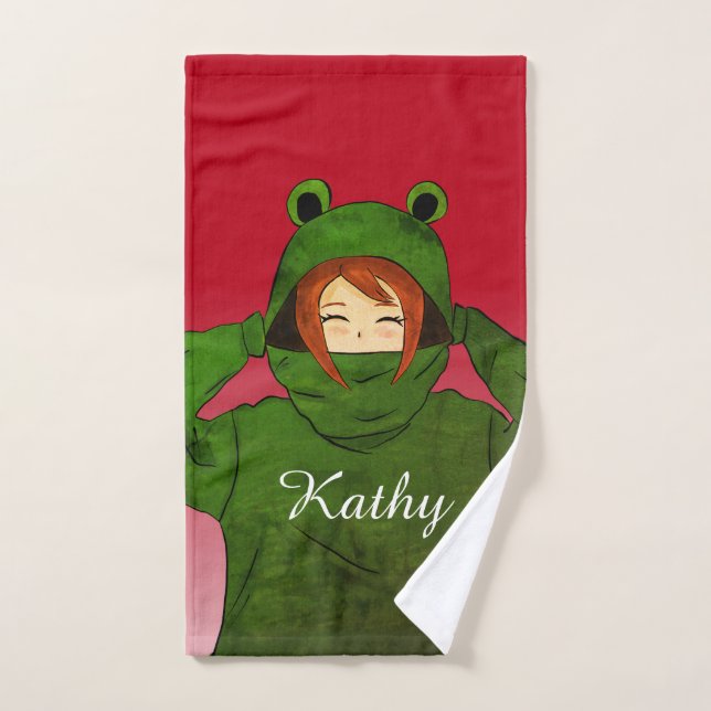 Girl with Green Frog Hoody Drawing Custom Name  Hand Towel (Hand Towel)