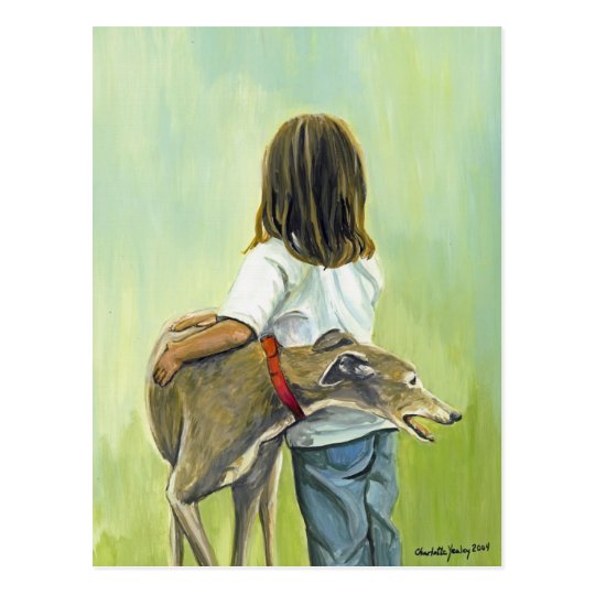 "Girl with Greyhound" Dog Art Postcard