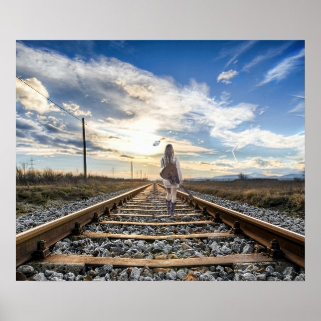 Girl With Guitar on Railroad Tracks Poster (Front)