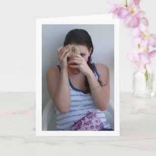 Girl with Handheld Makeup Mirror Portrait Card