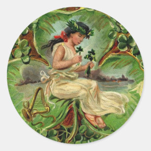 Girl with harp and shamrocks classic round sticker