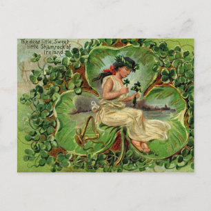 Girl with harp and shamrocks postcard