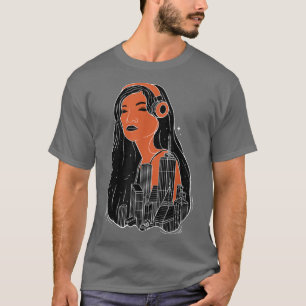 Girl with headphones city night lights dreaming T-Shirt