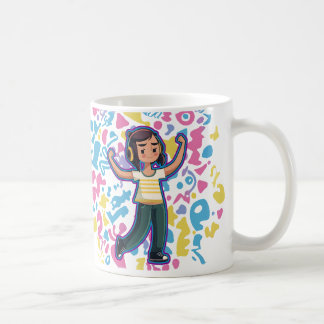 Girl with headphones flexing confident and relax  coffee mug