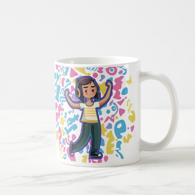 Girl with headphones flexing confident and relax  coffee mug (Right)