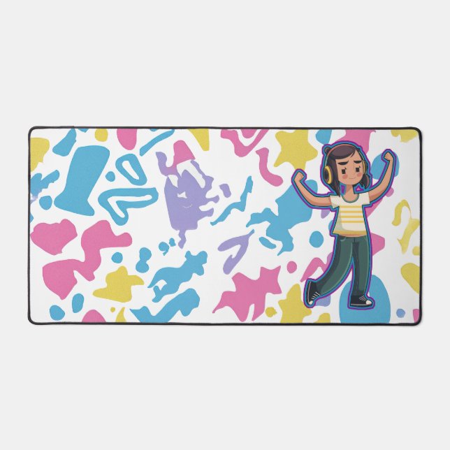 Girl with headphones flexing confident and relax  desk mat (Front)