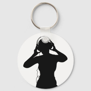 Girl with Headphones in Silhouette Key Ring