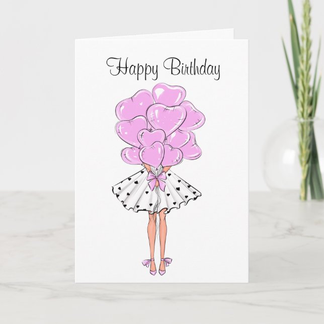  Girl with Heart Balloons Birthday  Card (Front)