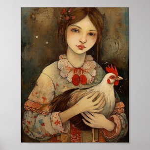 Girl with Her Pet Chicken Ai Art Poster