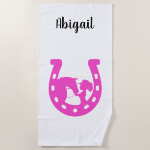 Girl with Horse and Western Hat Hot Pink Horseshoe Beach Towel