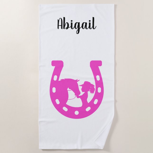 Girl with Horse and Western Hat Hot Pink Horseshoe Beach Towel (Front)