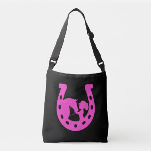 Girl with Horse and Western Hat Hot Pink Horseshoe Crossbody Bag