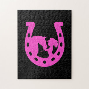 Girl with Horse and Western Hat Hot Pink Horseshoe Jigsaw Puzzle