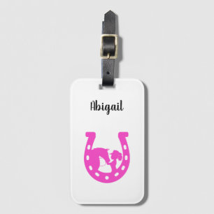 Girl with Horse and Western Hat Hot Pink Horseshoe Luggage Tag