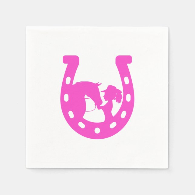 Girl with Horse and Western Hat Hot Pink Horseshoe Napkin (Front)