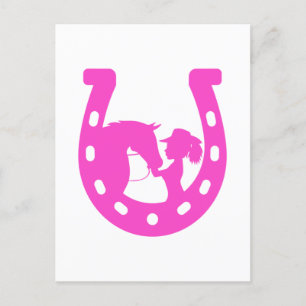 Girl with Horse and Western Hat Hot Pink Horseshoe Postcard