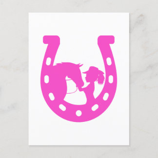 Girl with Horse and Western Hat Hot Pink Horseshoe Postcard