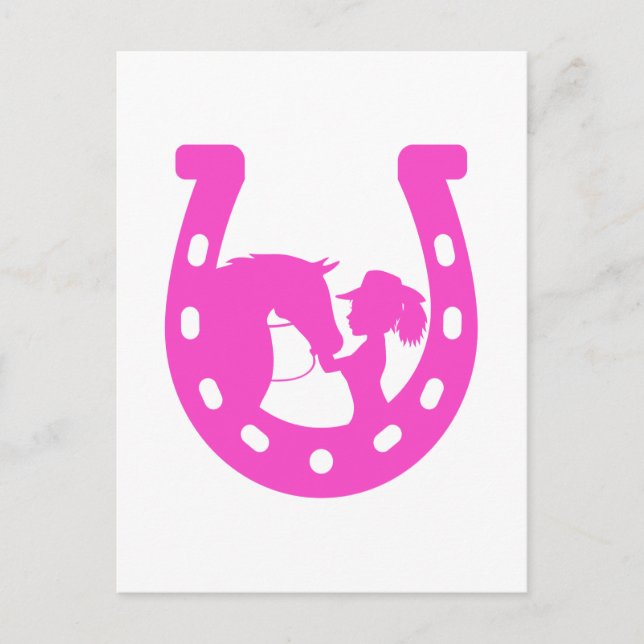 Girl with Horse and Western Hat Hot Pink Horseshoe Postcard (Front)
