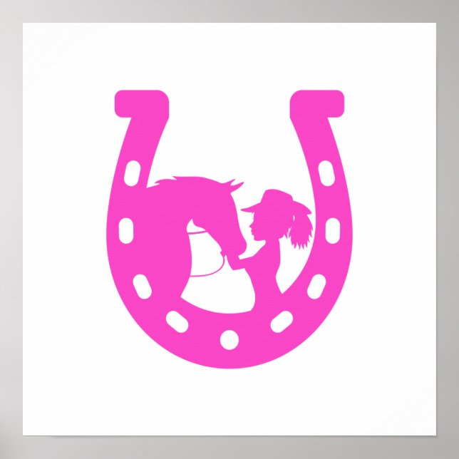 Girl with Horse and Western Hat Hot Pink Horseshoe Poster (Front)