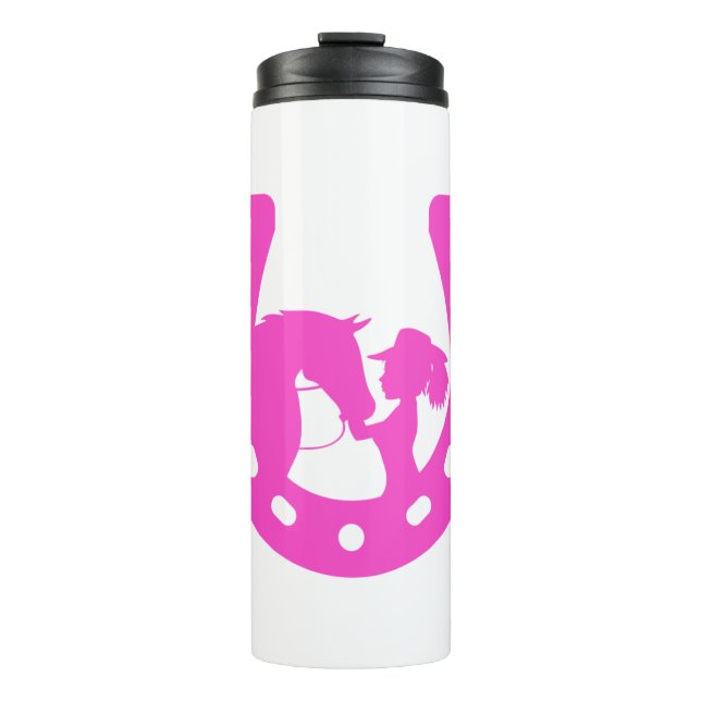 Girl with Horse and Western Hat Hot Pink Horseshoe Thermal Tumbler (Front)
