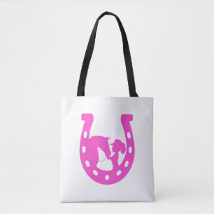 Girl with Horse and Western Hat Hot Pink Horseshoe Tote Bag