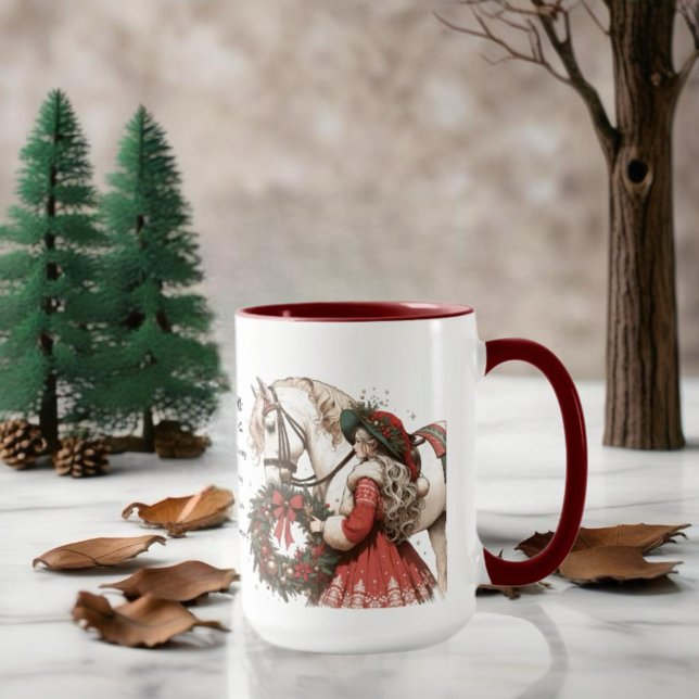 Girl With Horse And Wreath Christmas Coffee Mug (Enjoy this Beautiful Christmas Horse design! Personalize with your favorite Horse Girl!)