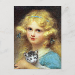 Girl with Kitten: Vintage Painting by E. Cabane Postcard