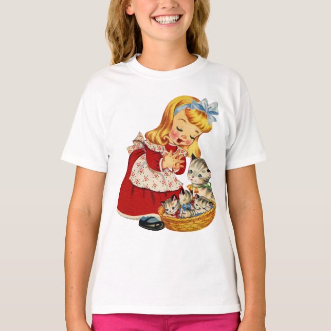 Girl with kittens cat retro cute Girl T-Shirt  (Front)