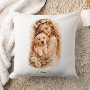 Girl With Labrador Puppy Cushion